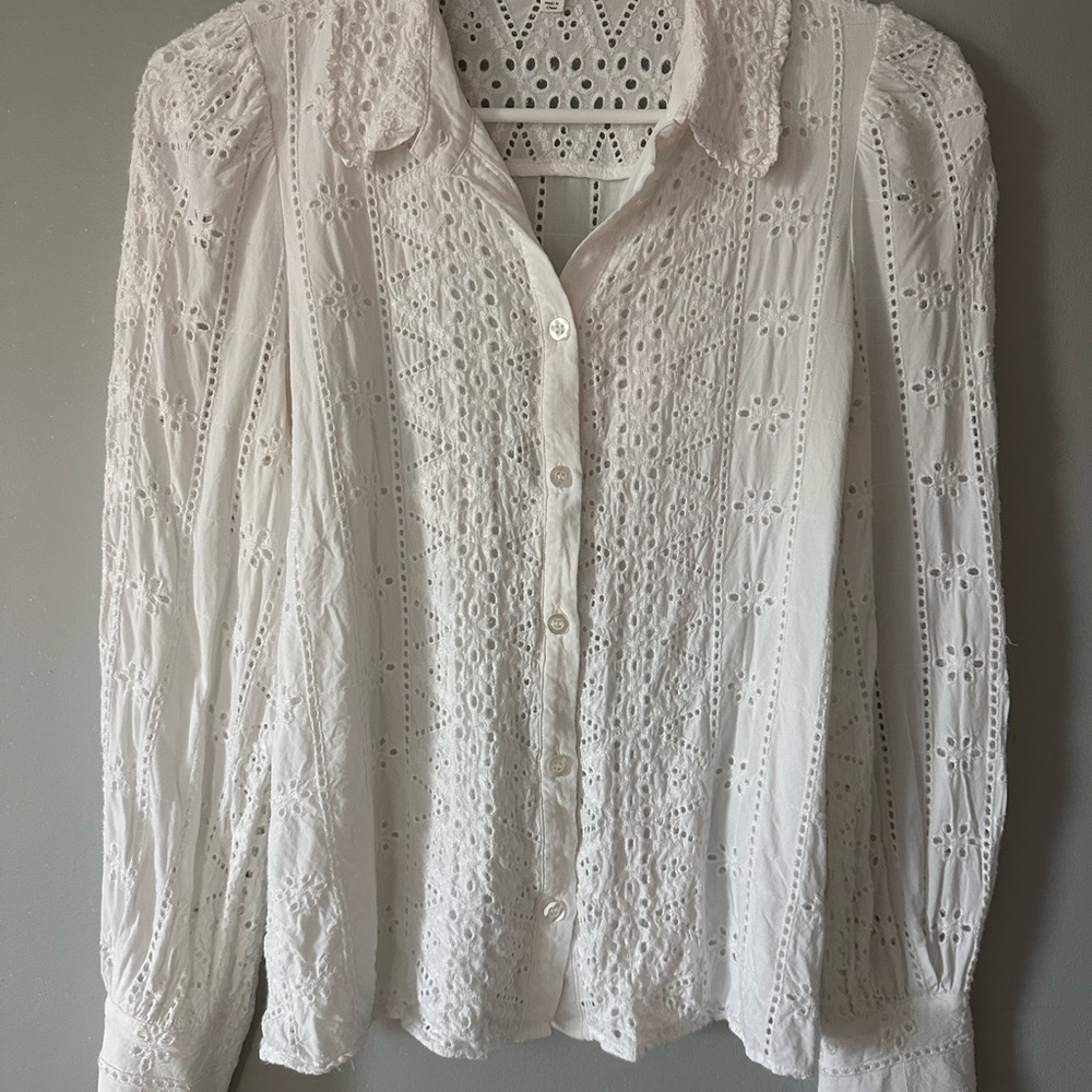 Chic White Eyelet Button-Up Blouse, Medium